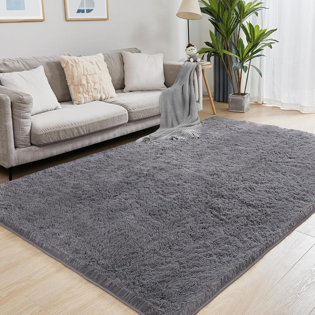 Puremy 8x10 Grey Fluffy Rug, Ultra Soft Area Rugs for Living Room, Plush Indoor Carpet, Anti-Skid High Pile Luxury Rugs for Bedroom, Nursery, Kids Room, Playroom, Home Decor
