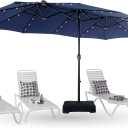 PHI VILLA 15ft Large Patio Umbrella with Solar Lights, Double-Sided Outdoor Market Rectangle Umbrellas with 36 LED Lights, Umbrella Base (Stand) Included, Navy Blue