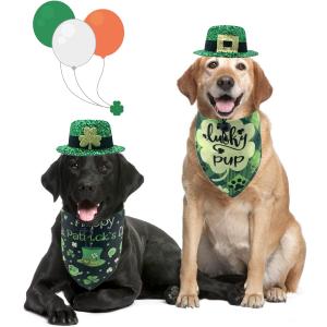 4Pcs Green Irish St. Patrick's Day Dog Hat & Bandana Set with Shamrock Decor, Reversible, Adjustable, Lightweight, All Ages