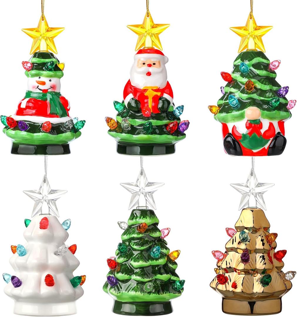 Umigy 4.5 Inch Mini Ceramic Christmas Tree Set, 6 Pack Tabletop Christmas Tree with Multicolored LED Lights Light up Hanging Ornaments for Vintage Nostalgic Classic Holiday Decoration and Gifts