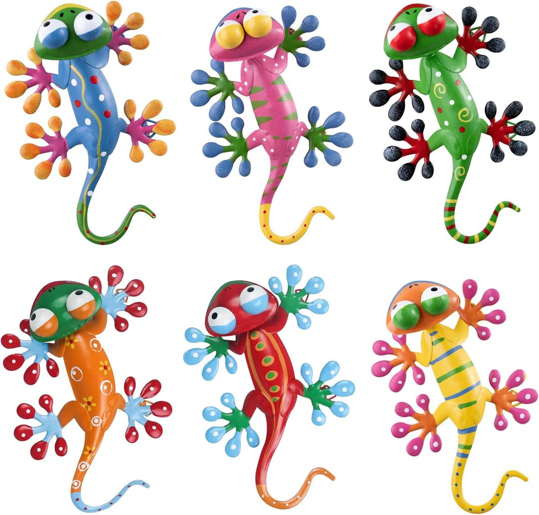 YEAHOME 6 Pack Metal Geckos Inspirational Wall Art, Mexican Outdoor Wall Decor with Shaking Head, Lizard Wall Sculptures & Statues for Farmhouse, Porch, Patio, Lawn, Fence (Set of 6)