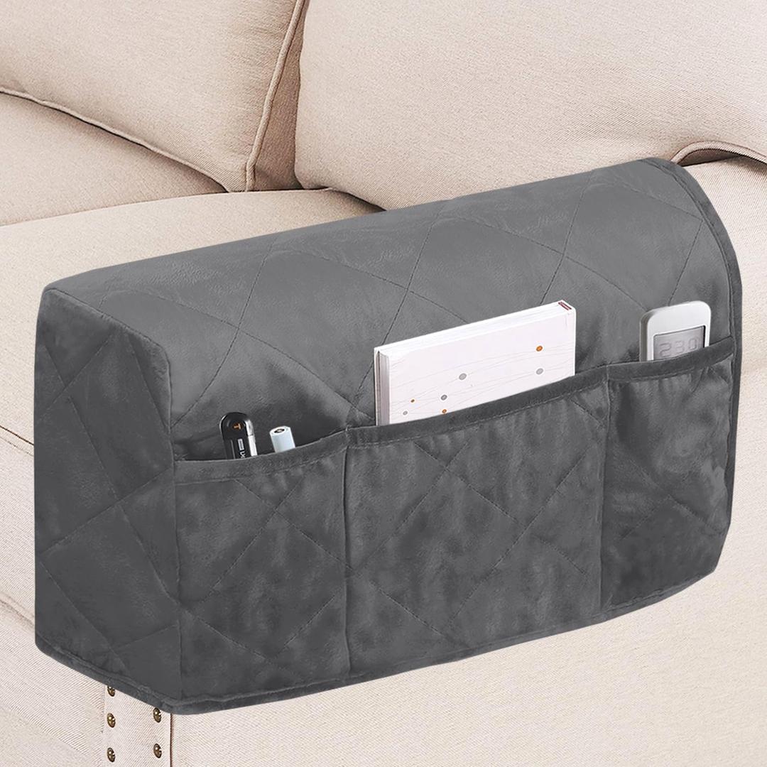 Turquoize Velvet Armrest Covers for Chairs and Sofas Couch Armrest Cover for Recliner with Side Pocket Non-Slip Arm Covers Protector for Dogs Washable Armrest Slipcovers Set of 2, Gray (Grey)