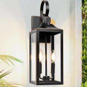 Large Dusk to Dawn Outdoor Lighting - 19" Black Outside Wall Mount Light Fixture with Gold Trim, Exterior Farmhouse Wall Sconce Lantern, Modern Porch Light Exterior Lamp for House 2-Light (1 Pack)