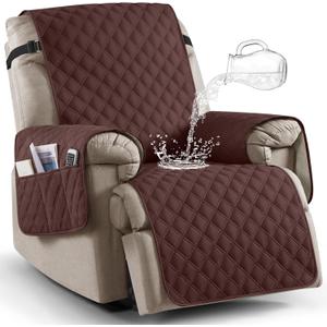 Ruaozz 100% Waterproof Recliner Chair Covers, Non-Slip Reclining Covers for Recliner Chair Washable Chair Cover, Recliner Covers with Pockets for Kids, Dogs, Pets (Coffee, 23'')