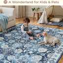 Floral Washable Area Rugs 5x7, Vintage Rug for Living Room, Large Bedroom Carpet, Non Slip Low Pile Ultra Soft Carpets for Indoor Dining Home Nursery Playroom Under Table, Blue Garden