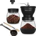 Manual Coffee Grinder with Ceramic Burrs and Lengthen Stainless Steel Handle, Hand Coffee Mill with 2 Glass Jars(11oz each), Brush and Tablespoon Scoop, Coffee Bean Grinder for Home, Camping, Black