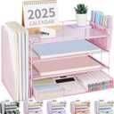 OPNICE Desk Organizer, 4-Tier Desktop File Organizer with Drawer and 2 Pen Holders, Office Desk Accessories, File Sorters, Workspace Organizers for Office Supplies(Pink)