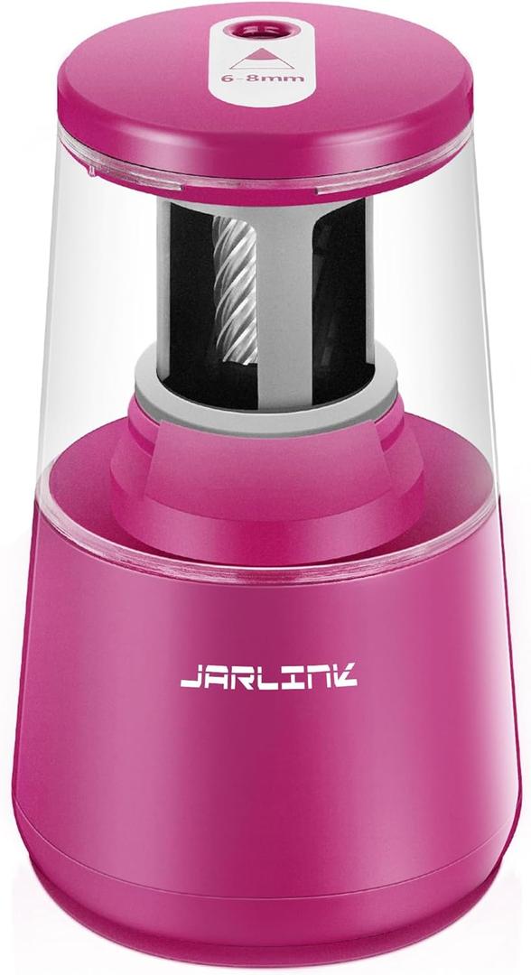 JARLINK Electric Pencil Sharpener, Heavy-Duty Helical Blade to Fast Sharpen, Auto Stop for No.2/Colored Pencils(6-8mm), AC Adapter/Battery Operated in School Classroom/Office/Home (Pink)
