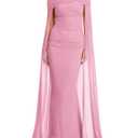 HESUUIO Elegant Off Shoulder Formal Dress Mesh Cape Overlay Wedding Guest Evening Gowns Bodycon Maxi Long Dress Pink M