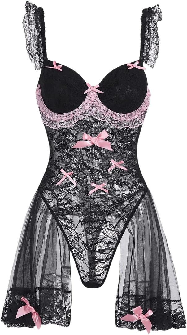 MakeMeChic Women's One Piece Lingerie Floral Lace Mesh Sheer Bow Front Sleeveless Teddy Bodysuit (Large, Black)