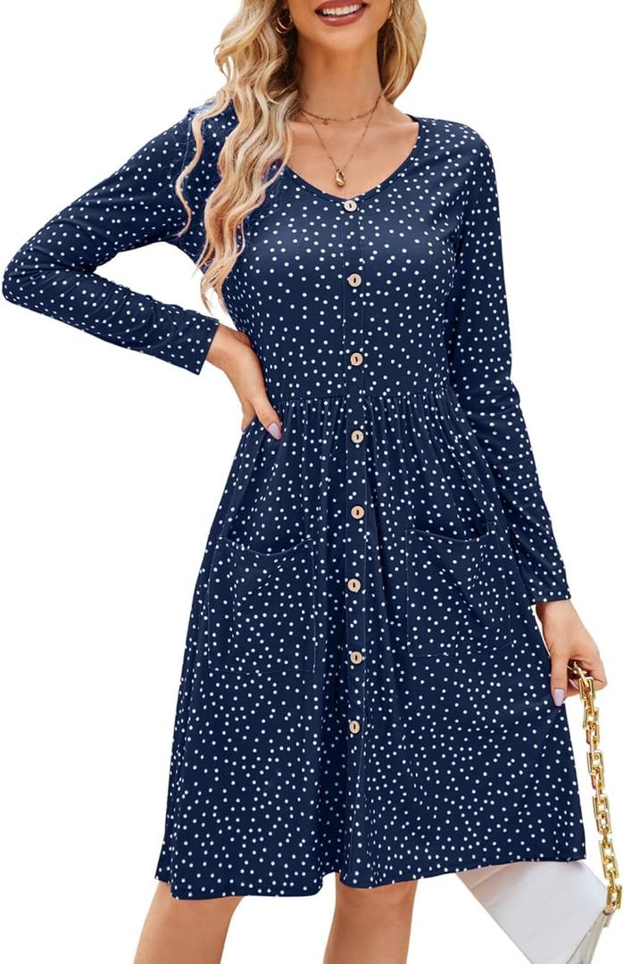 OUGES Women's V Neck Button Down Skater Midi Dress with Pockets (X-Large, Blue Polka Dot)