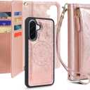 Harryshell Detachable Magnetic Phone Case Compatible with Samsung Galaxy A36 / A56 5G Wallet [ RFID -Blocking ] Card Slots, Cash Zipper Pocket Wrist Strap Lanyard (Floral Rose Gold)