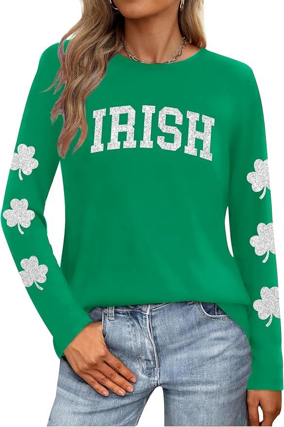 LAZYCHILD St Patricks Day Shirt Women: Lucky Shamrock Tshirt Saint Patricks Day Green Clover Long Sleeve Tops, Size 2 XL