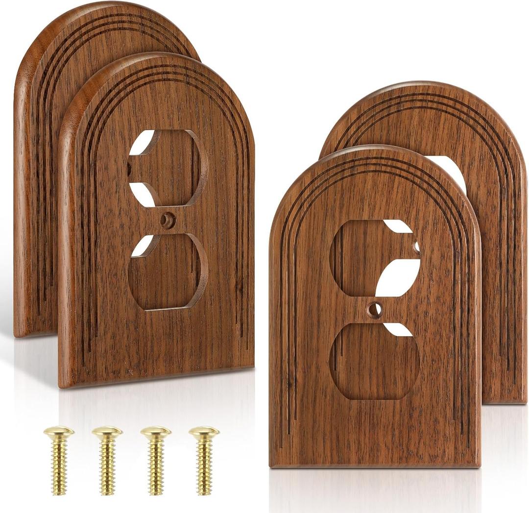 4 Pcs Walnut Wood Light Switch Cover Brown Outlet Covers Wall Plate Decorative Boho Plug Plate Vintage Rustic Contemporary Interior Room Home Decor (13 * 8.2cm,Arch Double Hole)