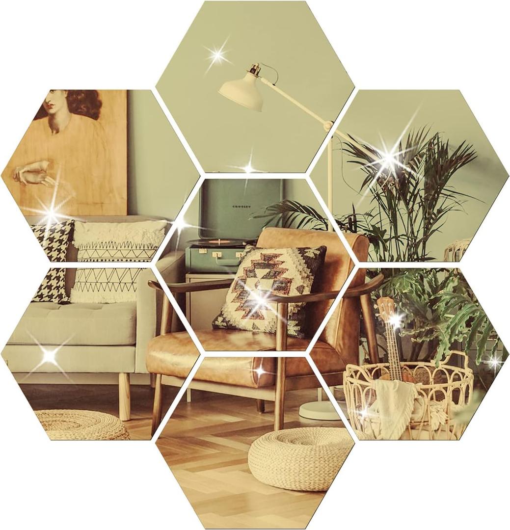 DIY Wall Decals Acrylic Mirror Sticker Set, Hexagon Mirror Wall Stickers for Living Room Bedroom Decor (Gold) (20*17*10cm)