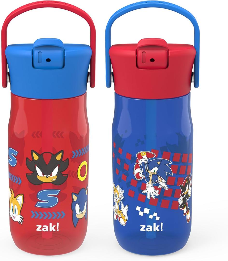 Zak Designs Harmony Sonic the Hedgehog Water Bottle for Travel or At Home, 18oz Plastic is Leak-Proof When Closed with Straw Lid and Carry Handle, 2-Pack (Sonic, Tails, Shadow)