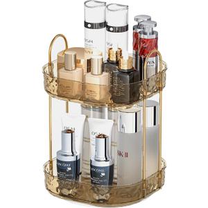 COMVTUPY 360° Rotating Makeup Organizer - Large Capacity Makeup Skincare Perfume Organizer Bathroom Organizer for Countertop Amber 2 Tier
