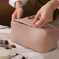 Lunarsoft Leather Makeup Bag,Pink Large Cosmetic Case with Dividers & Handle, Water-Resistant Lining, Multi-Pockets, Portable Toiletry Bag Organizer,Packing Underwear Organizer Bag