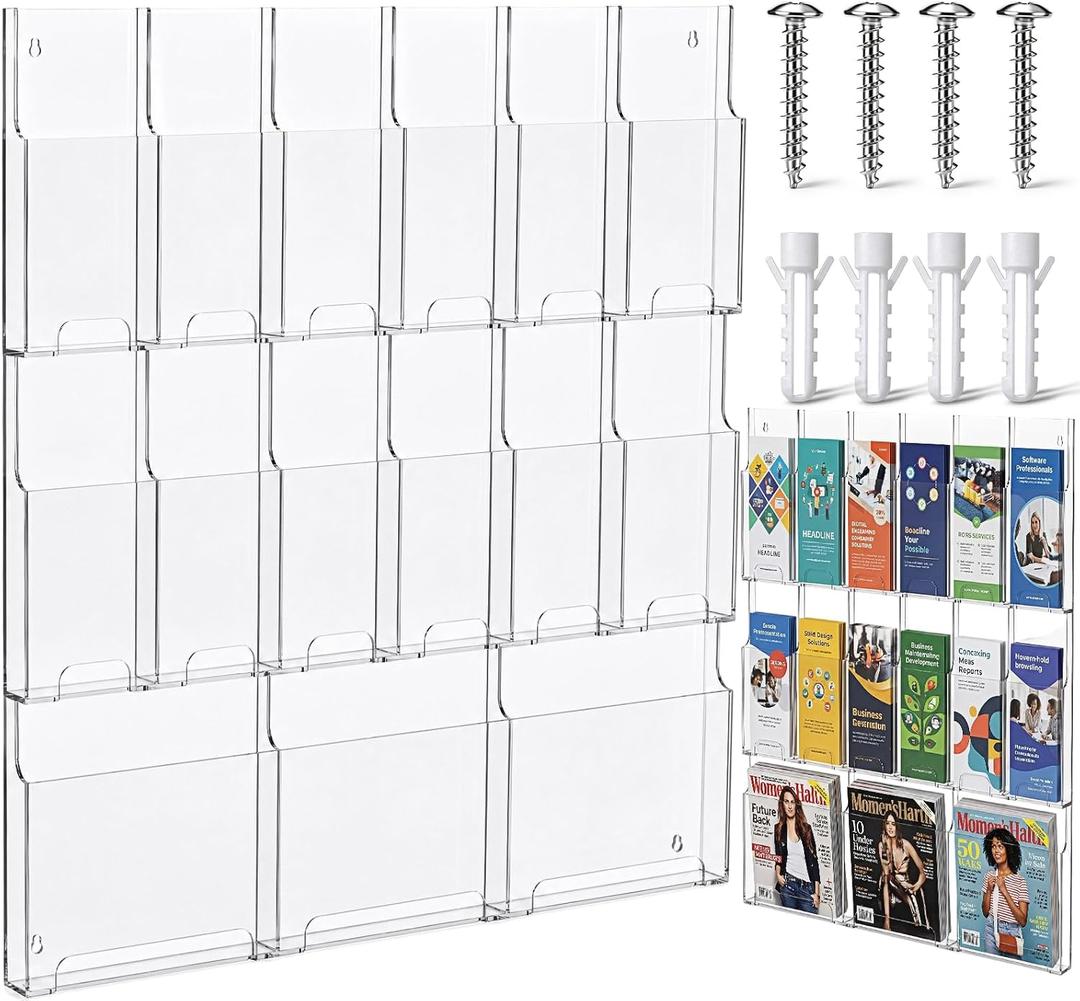 Thyle Acrylic Brochure Pamphlet Holder with 3 Magazine & 12 Pamphlet Slots, Clear Magazine Display Rack, Wall-Mounted Literature Organizer for Home and Office Waiting Room