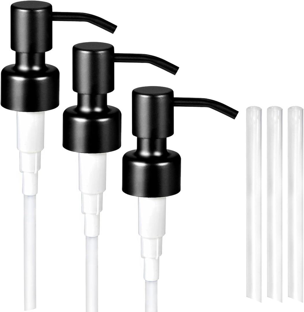 3PC Soap Dispenser Lids - 304 Stainless Steel Replacement Pump with Waterproof Label Stickers 4 Pack Tubes Fit 28/400 Thread Neck Bottlesfor Dish Soap, Lotions, Conditioner,Shampoo (Black)