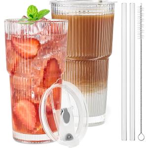 TUZAZO 20 Oz Glass Tumblers with Lids and Straws - 2 Pack Ribbed Glass Iced Coffee Cup with Straw and Lid, Thicken Glasses, Ideal for Smoothieds, Cocktails, and Juices