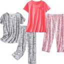 PNAEONG 2 Pack Women's Cotton Pajama Sets Short Sleeve Sleepwear Tops with Capri Pants Summer Loungewear Pj Sets S-3XL (XX-Large)