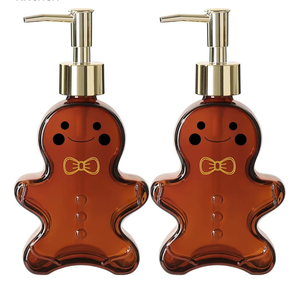 Christmas Soap Dispenser, 2 Pack Amber Glass Bathroom Gingerbread Man Hand Soap Dispensers with Gold Pump, 10 fl oz Refillable Christmas Decor Soap Dispenser for Kitchen