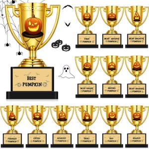 Geetery 12 Pcs Halloween Mini Trophies Halloween Costume Contest Trophies with Sticker and Label Scary Skeleton Pumpkin DIY Plastic Trophy for Adults Party Competition Class Award