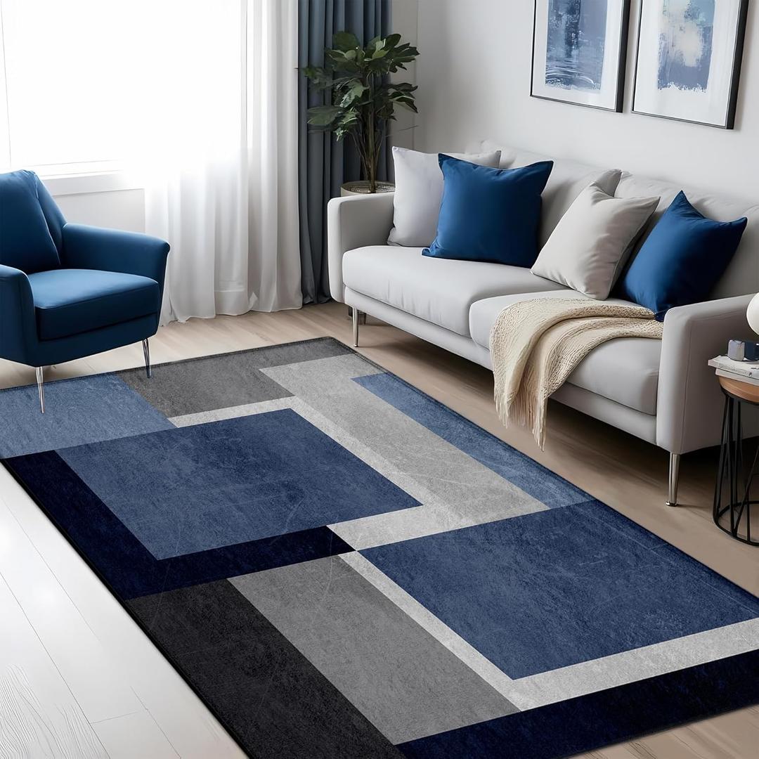 3x5 Area Rug Bedroom, Blue Grey Modern Geometric Rugs, Square Contemporary Indoor Floor Carpet, Low Pile Soft Washable Rug for Office Room Kitchen Decor