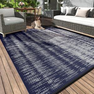 MontVoo Outdoor Rug Waterproof 5x8 ft Outdoor Carpet Patio Rug Mat Reversible RV Camping Rug Plastic Straw Outside Rug for Balcony Porch Deck Picnic Beach Modern Navy