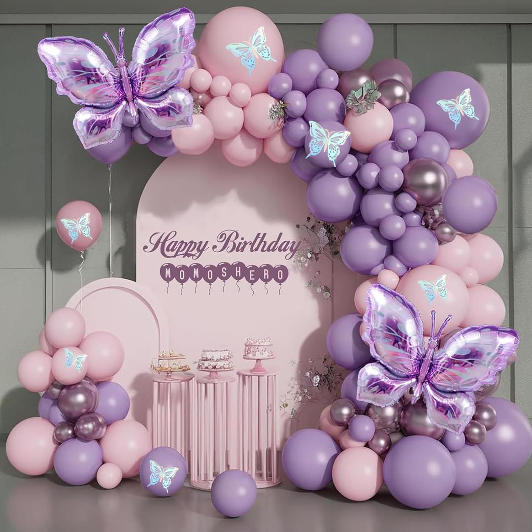 Purple Butterfly Balloon, Butterfly Balloon Arch Set 160PCS Pink Balloon wreath Set Butterfly Birthday Balloon Girl Shower Wedding Birthday Party Decoration