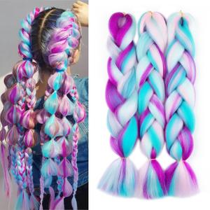 Rainbow Pre Stretched Braiding Hair Extensions Multi Color Braiding Hair 24inch 3Pcs Synthetic Colored Hair Extensions #Pink-Deep Purple-Blue-Green