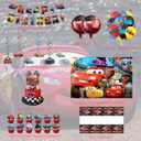 52Pcs Cars Birthday Party Supplies, Party Decorations Set Include Banner, Backdrop, Balloons, Hanging Swirls, Cake Cupcake Toppers, Tablecloth for Boys Girls Cars Theme Party