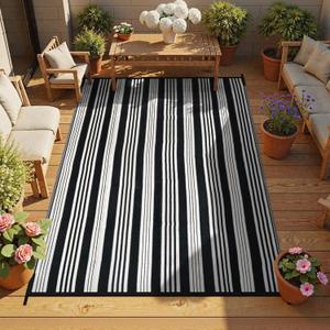 LEEVAN Outdoor Rug Waterproof for Patio Clearance Black and White Camping Rug 8x10 Plastic Straw Striped Floor Carpet for Backyard, Picnic, RV, Deck, Bench, Balcony