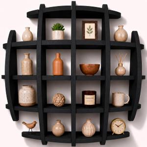 Circle Wall Shelf Wall Mounted - 22.5 Inch Wooden Circular Wall Shelf for Mug Display - Coffee Cup Display Round Wall Shelf - Wood Sphere Display Shelf - Mug Display Cabinet (Black)