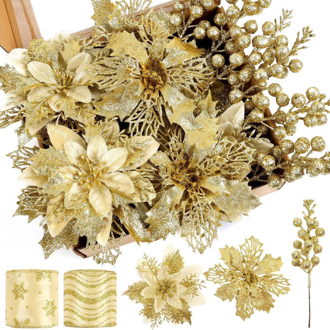 Kimkusia 24 Pcs Gold Christmas Tree Decorations Kit Poinsettias Artificial Christmas Flowers Decorations Set Christmas Ribbon Garland for Christmas Tree