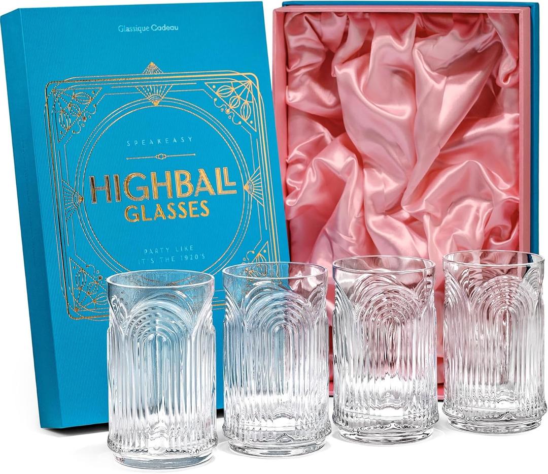 Vintage Art Deco 1920s Highball Cocktail Glasses | Set of 4 | 14 oz Tall Crystal Tumblers for Drinking Mojito, Whiskey Highball, Gin Rickey, Classic Long Bar Drinks | Large Hiball Glassware