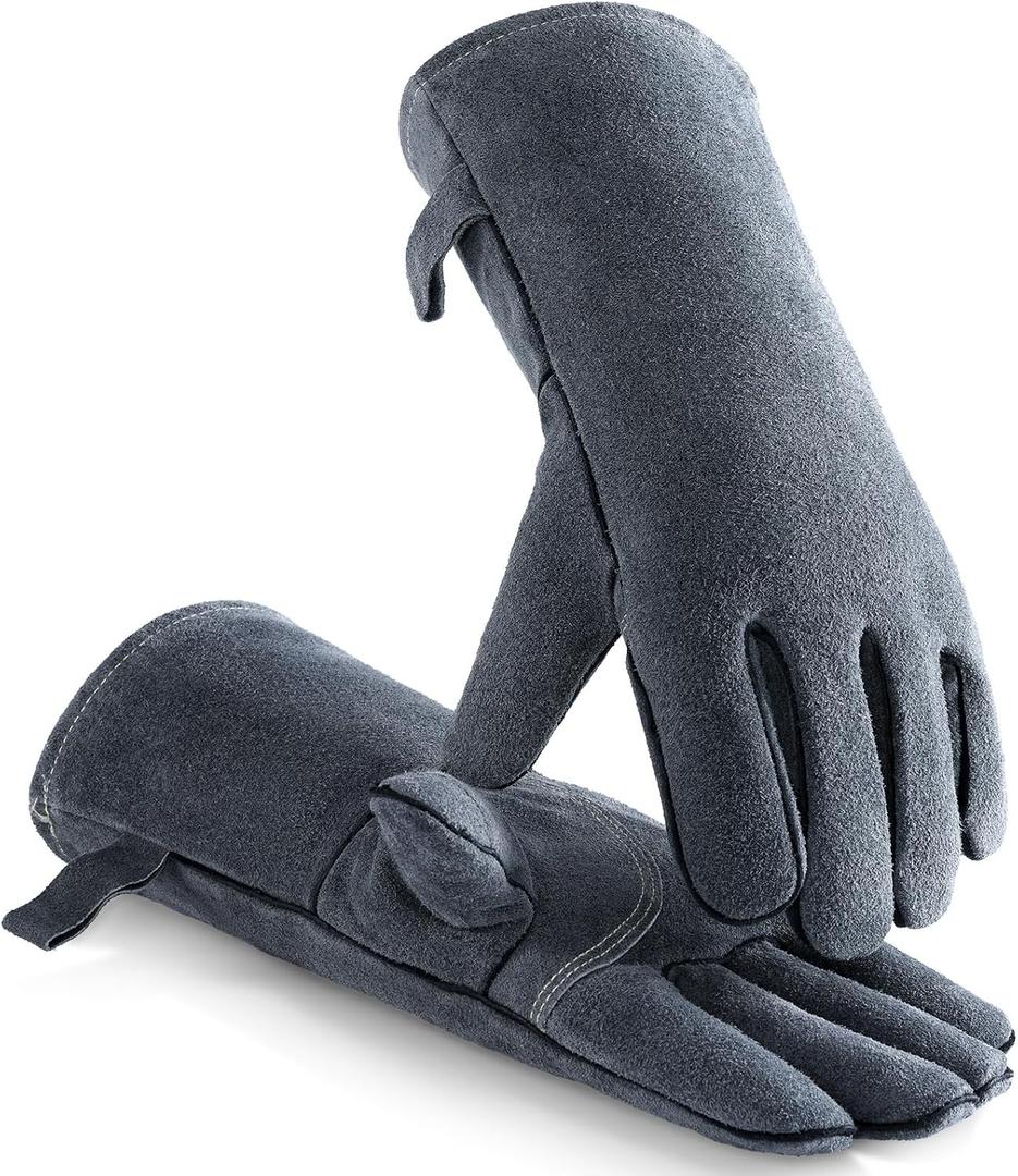 OZERO Welding Gloves 14 Inch, EN407 Certified Heat/Fire Resistant to 932F, Leather Gauntlet for MIG TIG Stick Welding, BBQ and Forge, Gray