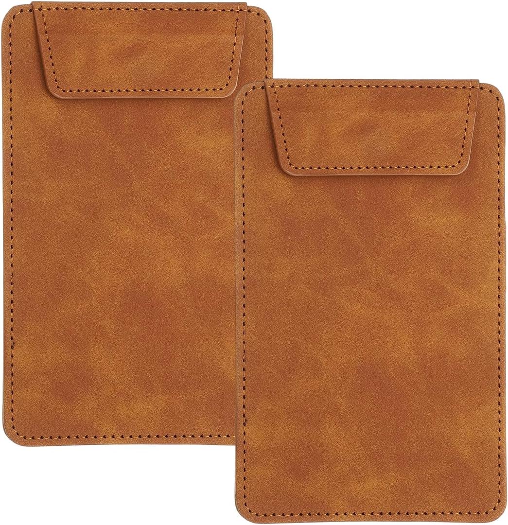 uxcell 2 Pack Mini Clipboard, 6" x 4" Leather Small Clipboard with Pen Holder, A7 Size Magnetic Writing Clip Boards for Business, Office,Restaurant and Hotel (Brown)