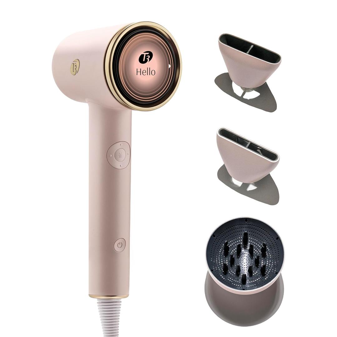 T3 Aire IQ Hair Dryer Kit with Quick Dry Concentrator, Style Concentrator, Diffuser & Dryer Stand | Fast, Healthy Blowouts with Smart Heat Personalization | for All Hair Types (Satin Blush)