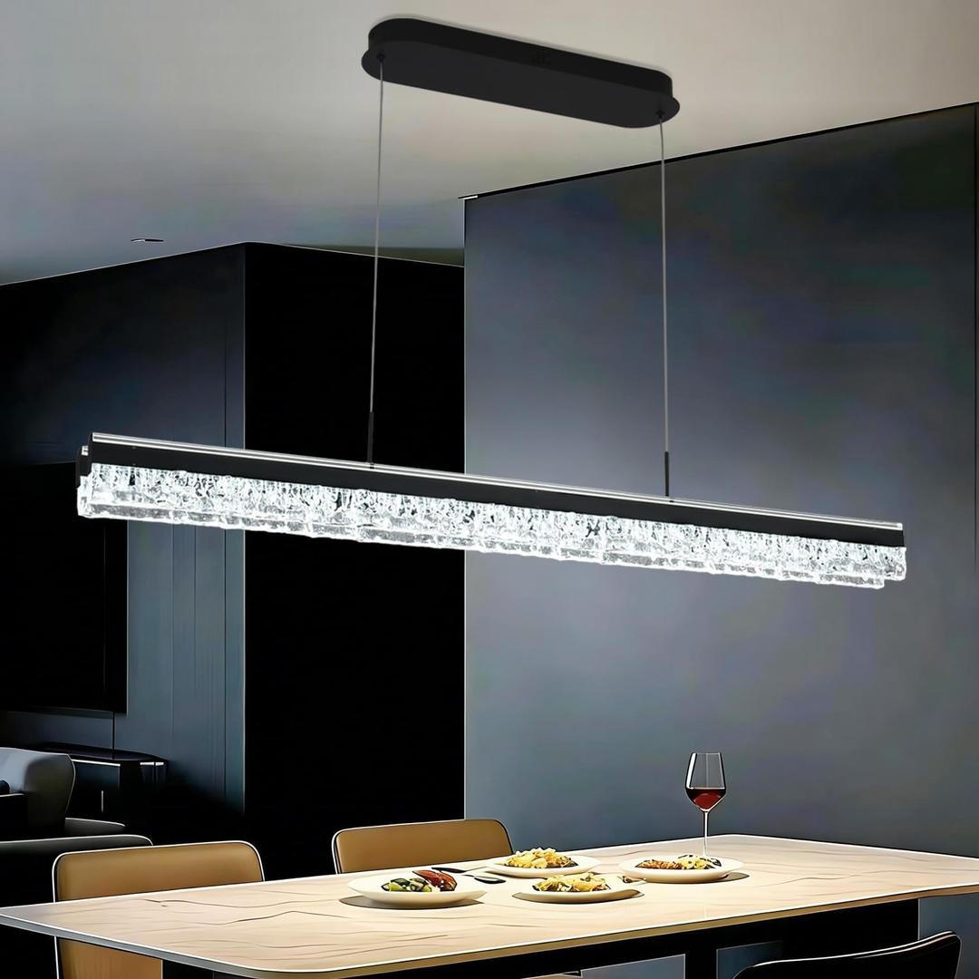 Black Modern Chandelier for Dining Room 47in Led Linear Pendant Lights Kitchen Island Lighting Minimalist Dimmable Ceiling Hanging Pendant Chandelier Light Fixture with Remote
