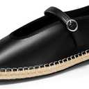 Coutgo Womens Espadrilles Mary Jane Flats Closed Sqaure Toe Ballet Flats Comfortable Dress Shoes, Black/PU, Size 8