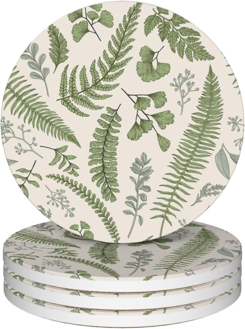 Drink Coasters Set of 4,Botanical Leaves and Plants Vintage Coasters for Drinks Ceramic Coasters with Cork Bottom for Kinds of Mugs and Cups,Home Decor,4''