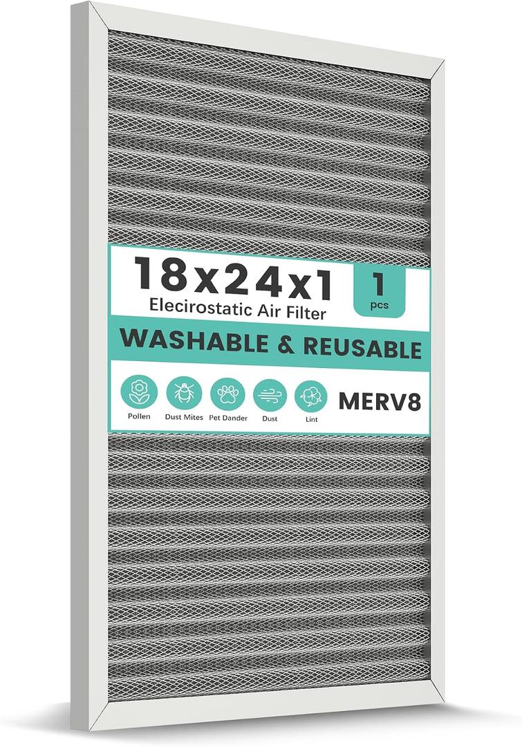 18x24x1 Reusable Air Filter, Washable, Electrostatic HVAC AC Furnace Filter, Merv 8, Lasts a Lifetime, Breathe Safe at Home or in the Office (Actual Size:17.44x23.46x0.82 Inch)