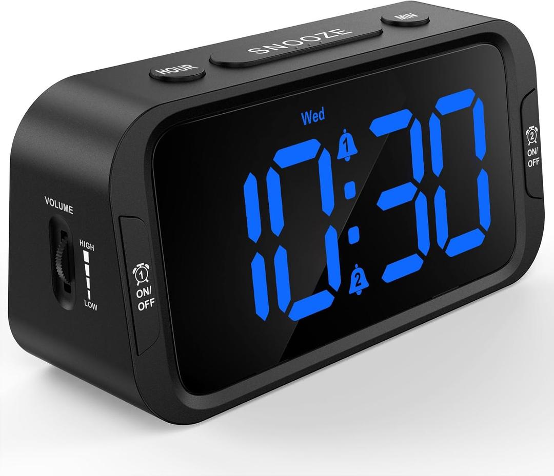 Odokee Digital Dual Alarm Clock for Bedroom, Easy to Set, 0-100% Dimmer, USB Charger, 5 Sounds Adjustable Volume, Weekday/Weekend Mode, Snooze, 12/24Hr, Battery Backup, Compact for Bedside(Blue) (Black - Blue Led)