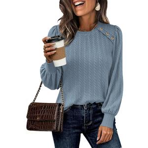KIRUNDO Long Sleeve Shirts For Women 2025 Fall Trendy Textured Knit Going Out Tops Casual Dressy Crewneck Work Blouse Tunic (Large, Dusty Blue)