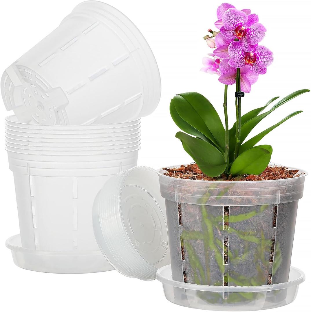 Orchid Pot, 10 Pack 6 Inch Clear Orchid Pots with Holes and Saucers for Repotting, Breathable Plastic Flowers Planters for Indoor Outdoor Spider Plant, African Violet