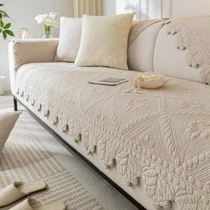 Cotton Quilted Dog Couch Cover for Sofa Farmhouse Rustic Embroidery Sectional Couch Cover Soft Anti-Slip Sofa Slipcover Furniture Protector for Kids, Pets (Khaki,28"x28")