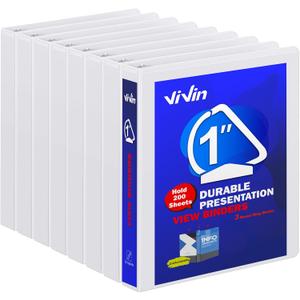 3 Ring Binder 1 Inch, ViVin Sturdy 1"-Slant D Ring Binder with 2 Interior Pockets, Clear View Cover, PVC-Free, Fits 225 Sheets of US Letter Size Paper (8 Pack, White)