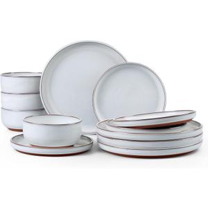 E-far Stoneware Dinnerware Sets for 4, 12 Pieces Reactive Glaze Plates and Bowls Sets, Elegant Dishes with Rustic Terracotta Base, Dishwasher & Microwave Safe, Scratch Resistant, Glacier White